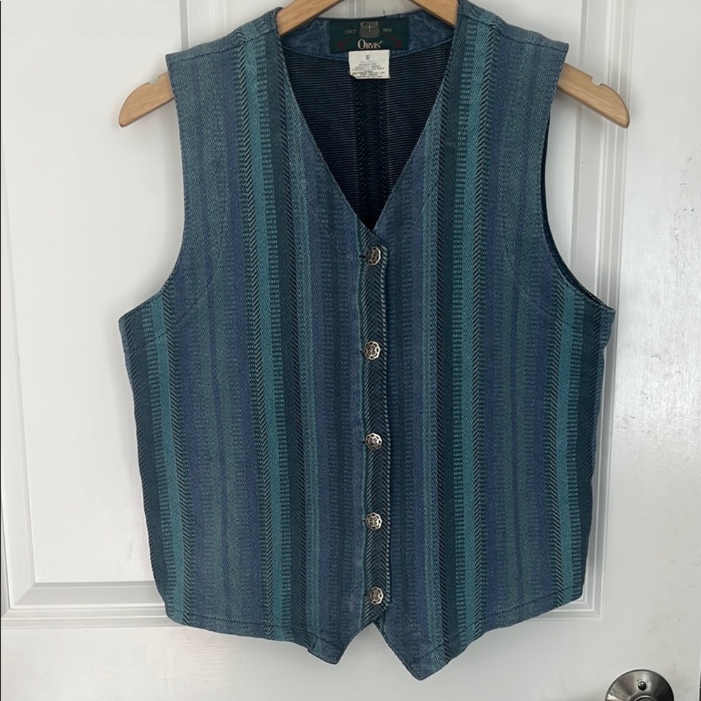 Orvis Vintage Tapestry Blue Striped est with silver ornate buttons sz small